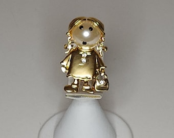 Vintage Faux Pearl and Gold Tone Girl Brooch Pin with Clear Rhinestones A-1-80