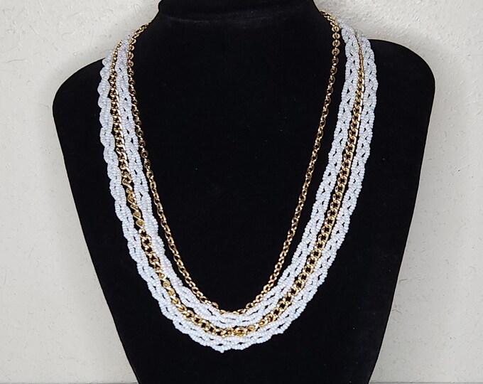 Vintage Gold Tone Chain and White Seed Bead Braided Four Strand Necklace B-4-81