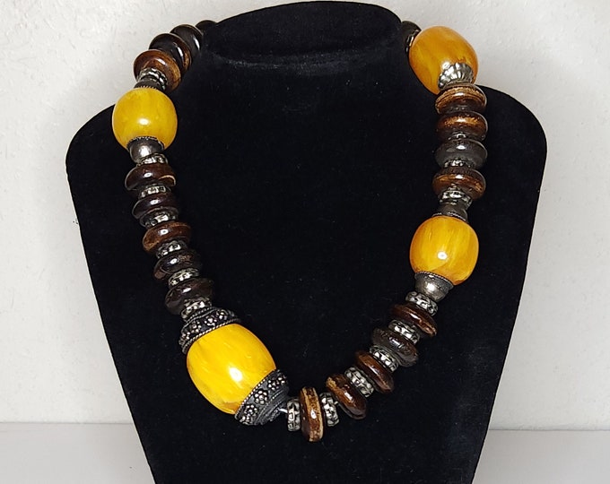 Vintage Tagua Nut Disc Beads with Butterscotch Amber and Silver Tone Separator Beads TRIBAL A-9-16