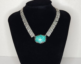 Vintage Peking Glass Cabochon Paneled Link Necklace 15 Inch A-5-97