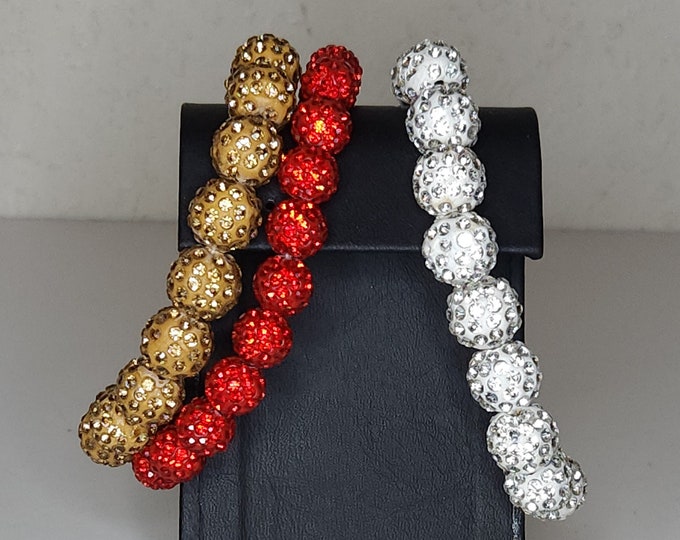 Vintage Set of 3 Gold Tone, Silver Tone, and Red Rhinestone Bead Stretchy Bracelets A-3-11