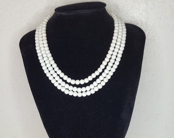 Vintage Japan Marked Three Strand White Plastic Beaded Necklace D-4-68