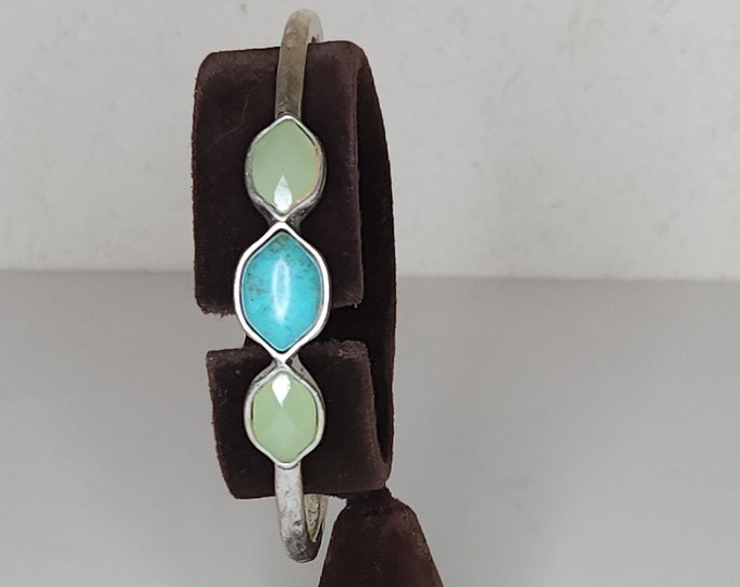 Vintage Lucky Brand Signed Silver Tone Bangle with Light Green Faceted and Faux Turquoise Accents B-1-49