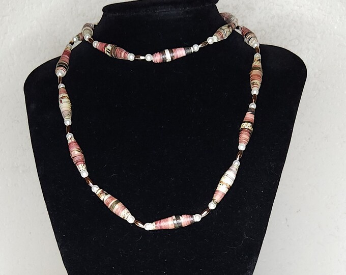 Vintage Paper Bead Necklace 28 Inch A-2-77