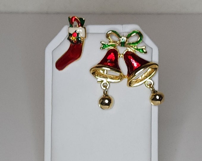 Vintage Set of Two Gold Tone Christmas Brooch Pins - Red Enamel Stocking and Two Red Bells with Green Bow A-5-39