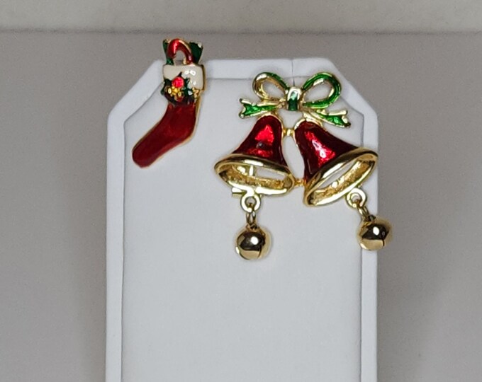 Vintage Set of Two Gold Tone Christmas Brooch Pins - Red Enamel Stocking and Two Red Bells with Green Bow A-5-39