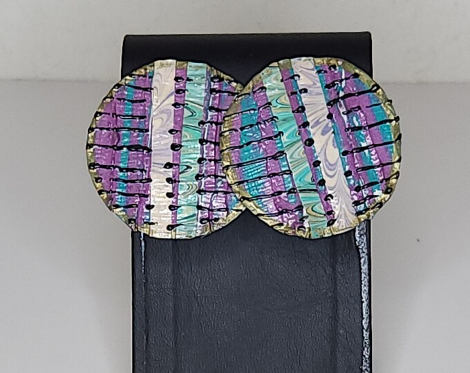 Vintage 80's Art Deco Round Purple and Teal Disc Earrings A-6-44