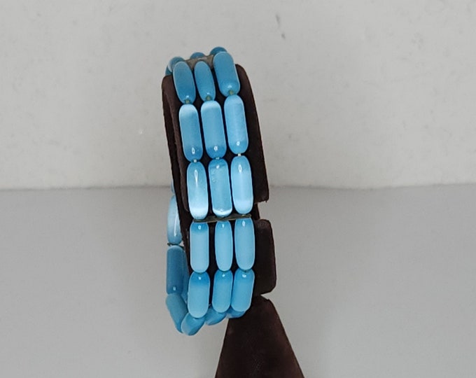 Vintage Blue Moonglow Glass Beaded Three Strand Stretch Bracelet B-5-18