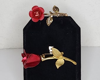 Vintage Avon Signed Gold Tone and Red Rose Brooch with Smaller Unmarked Gold Tone and Red Rose Pin C-7-1