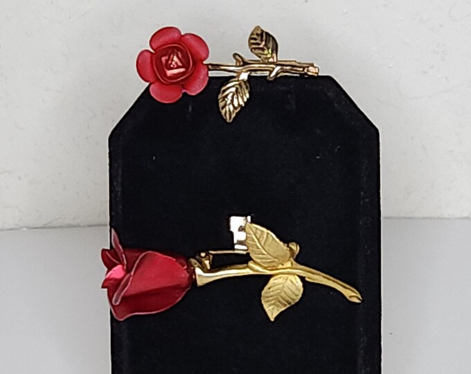Vintage Avon Signed Gold Tone and Red Rose Brooch with Smaller Unmarked Gold Tone and Red Rose Pin C-7-1
