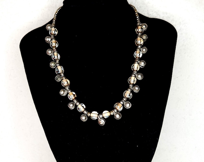 Vintage Silver Tone "Bells" and Glass Beads Necklace D-3-59