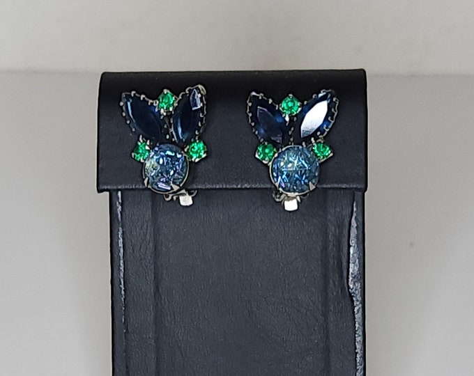 Vintage Clip-On Earrings with Iridescent Molded Glass in Peacock Colors A-6-40
