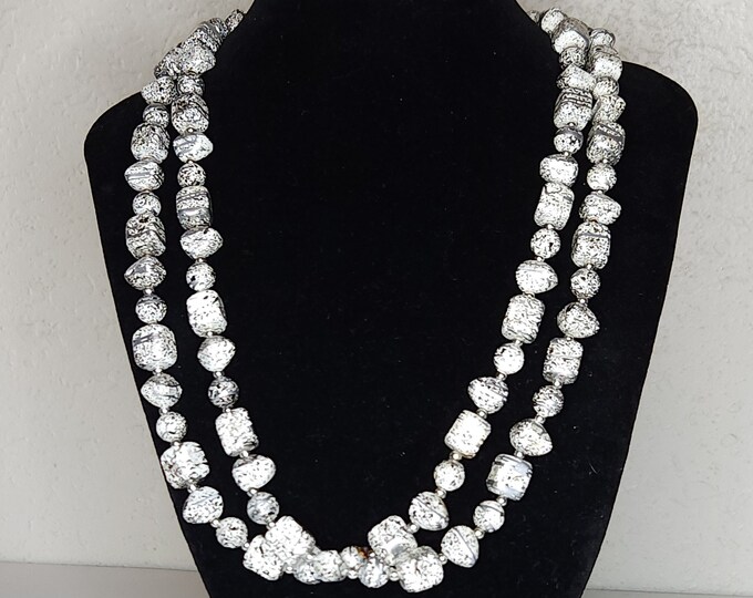 Vintage Two Strand White and Black Speckled Bead Necklace 24 Inch A-4-35