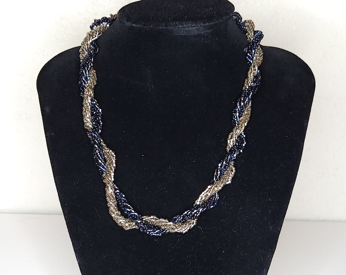 Vintage Beaded Blue and Silver Twisted Necklace 17 Inch A-1-24