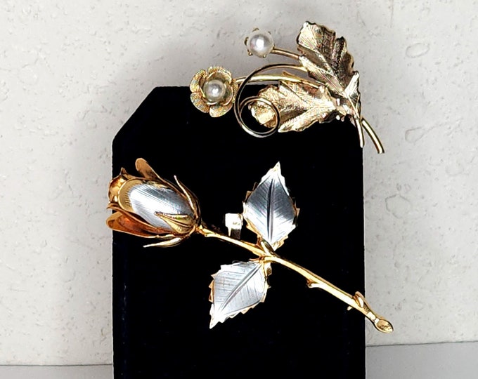 Vintage Set of Two Floral Brooch Pins - Silver Tone and Gold Tone Rose, Gold Tone Leaves, Flower and Swirl with Faux Pearls D-3-66