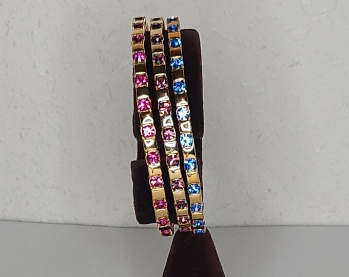 Vintage Joan Rivers Signed Set of Three Gold Tone and Rhinestone Thin Cuff Bracelets in Blue, Purple and Pink - in Box D-3-48