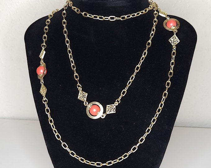 Vintage Gold Tone 52 Inch Long Necklace with Coral Colored Beads A-1-25