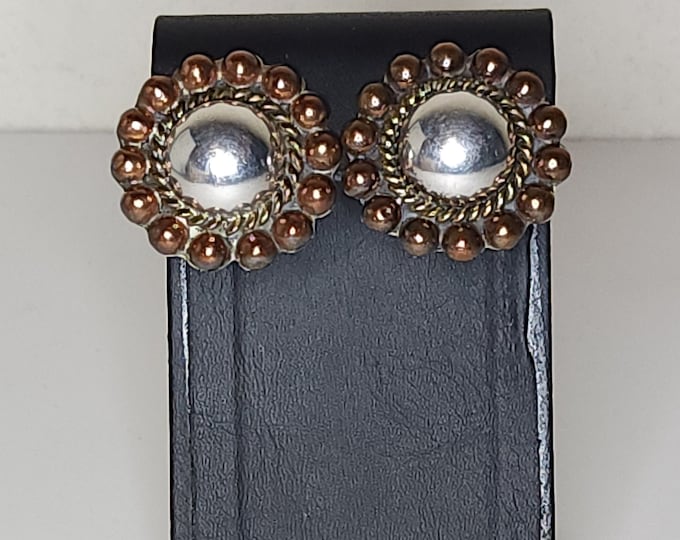 Vintage Plata 925 Mexico Marked Sterling Tri Color Shield Clip-On Earrings B-5-74