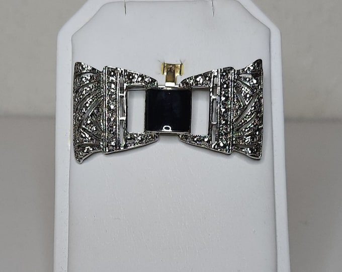 Vintage Silver Tone Filigree and Black Bow Shaped Brooch Pin A-7-27-JM
