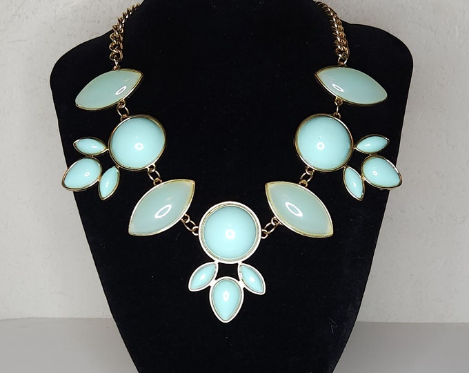 Vintage Gold Tone with Pastel Green and Blue Cabochon Statement Necklace A-7-97