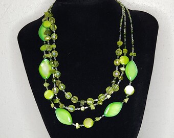 Vintage Three Strand Dyed MOP, Acrylic, and Real Pearl Green Necklace B-1-25