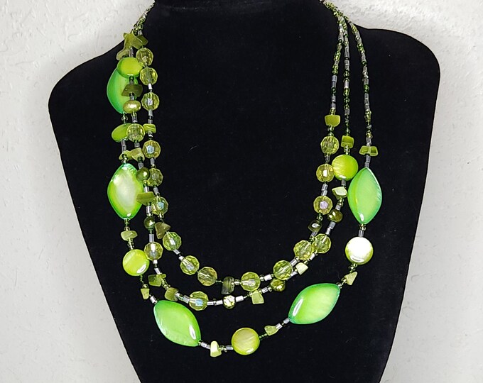 Vintage Three Strand Dyed MOP, Acrylic, and Real Pearl Green Necklace B-1-25
