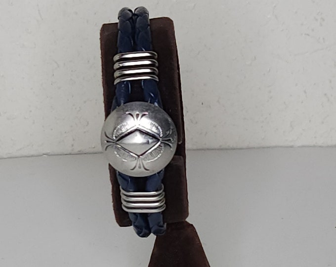 Vintage Silver Tone and Blue Faux Leather Concho Style Bracelet C-5-35