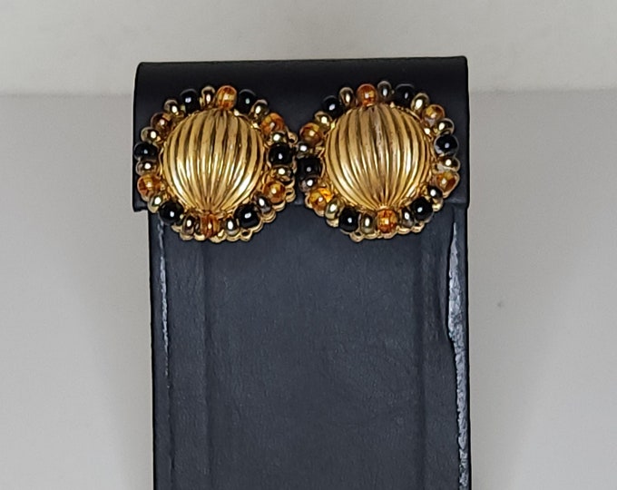 Vintage Mariam Haskell Signed Gold Tone and Black Round Clip-On Earrings A-6-45