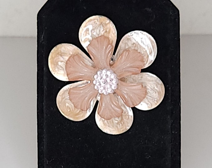 Vintage Silver Tone Flower Brooch Pin with Champagne Enamel, Peach Lucite, and Pale Pink Plastic B-4-17