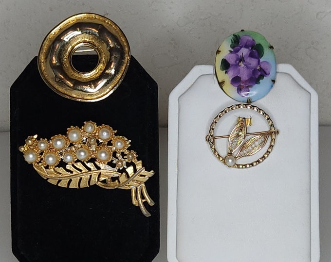 Vintage Gold Tone Doughnut-Shaped, Faux Pearl and Leaves, Purple Flowers on Porcelain, and Gold Tone Ring with Leaves Brooch Lot B-3-99