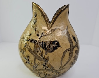 Vintage Cloisonne Cloisonné Brass and Enamel Tulip Pillow Shaped Vase Bird and Flowers Flora