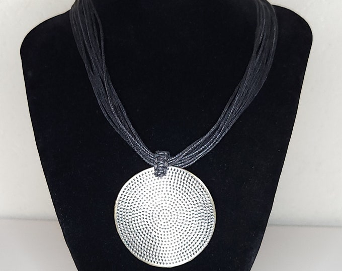 Vintage Silver Tone Medallion on 13 Strand Black Cord 19 Inch A-2-48
