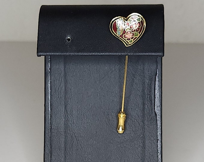 Vintage Heart Shaped Floral and Butterfly Cloisonne Stick Pin A-7-88