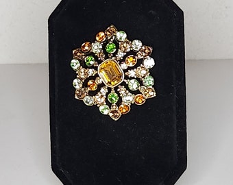 Vintage Liz Claiborne Signed Gold Tone Orange, Yellow, Green and Clear Rhinestones Brooch Pin B-1-51