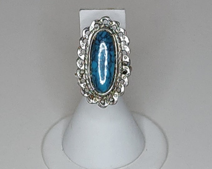 Vintage Adjustable Silver Tone and Faux Turquoise Costume Ring A-5-91