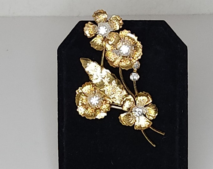 Vintage Gold Tone Flower Bunch Brooch Pin with Clear Rhinestones A-7-84