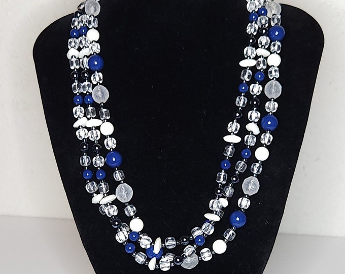 Vintage Three Strand Clear, White, Blue, and Black Beaded Necklace 19 Inch A-4-39