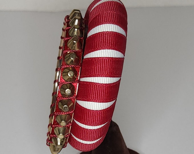 Vintage Gold Tone Studded Red Ribbon Bangle and White and Red Ribbon Wrapped Gameday Bangle B-2-66