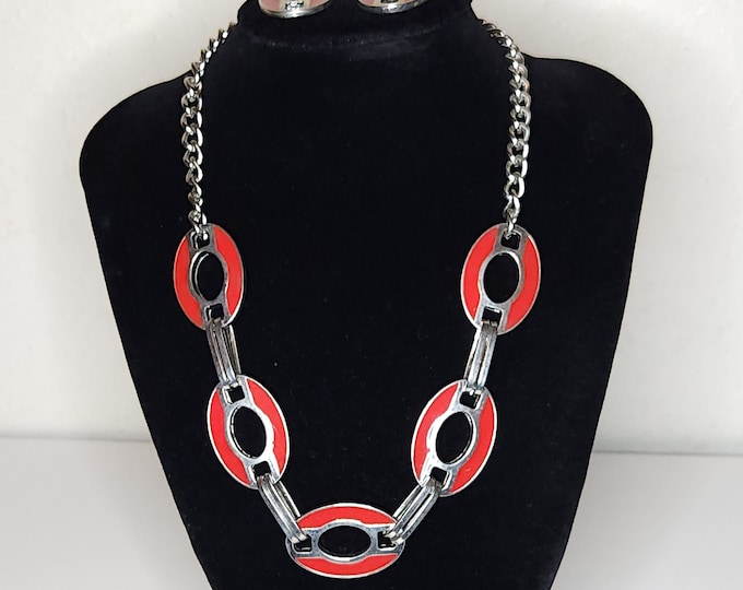 Vintage Silver Tone and Red Enamel Oval Link Chain with Matching Earrings Set 22 Inch A-2-37