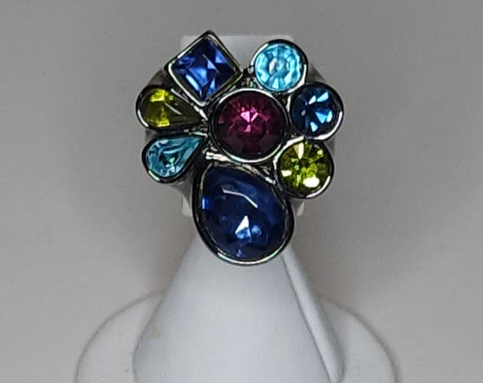 Vintage Size 8 Gunmetal Ring with Blue, Green, and Purple Rhinestones A-2-91