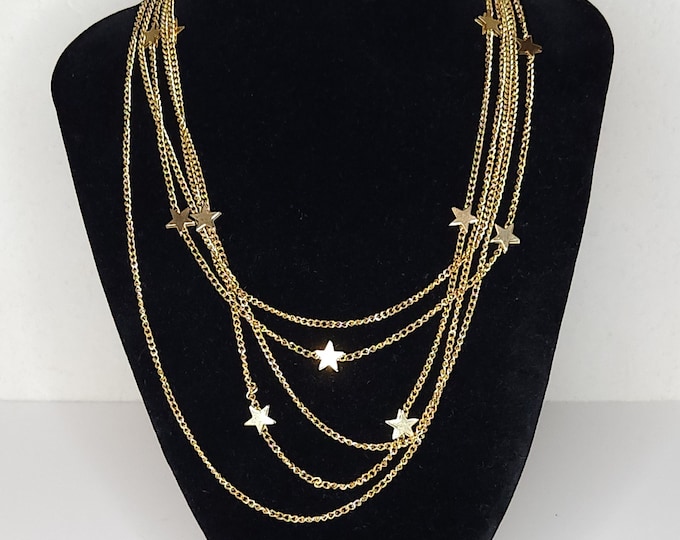 Vintage Gold Tone 5 Strand Chain Necklace with Stars 26 Inch A-7-25-JM