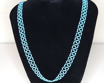 Vintage Light Blue and Black Beaded Necklace 32 Inch A-1-29