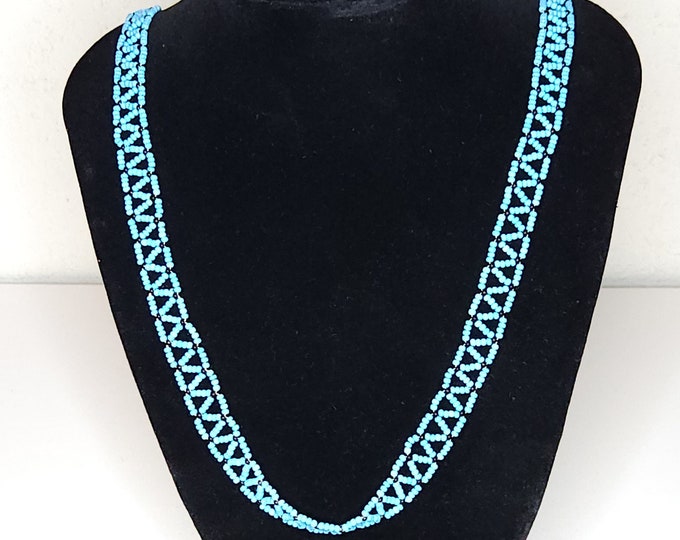 Vintage Light Blue and Black Beaded Necklace 32 Inch A-1-29