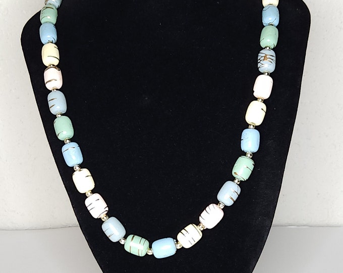 Vintage Pastel Colored Rounded Rectangle Beads with Gold Tone Detailing Necklace B-3-53