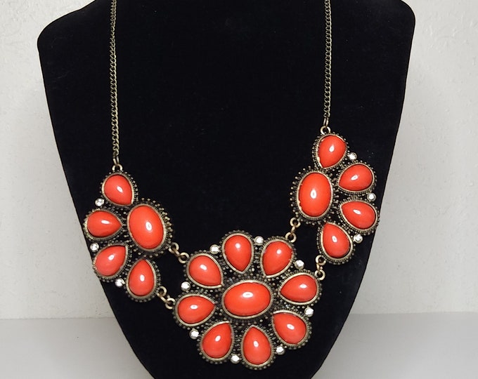 Vintage Coral Color Beaded Statement Necklace with Clear Rhinestones 20 Inch A-7-31-JM