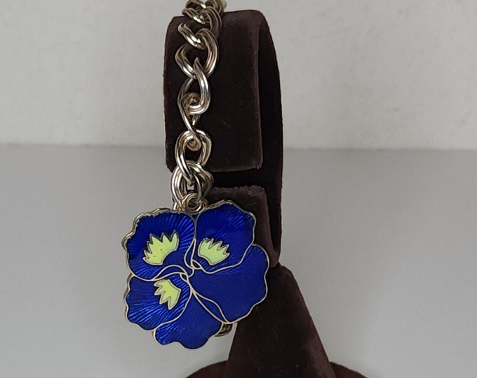 Vintage Gold Tone Link Chain with Blue Flower Cloisonne Charm Bracelet A-6-52