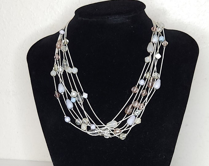 Vintage Silver Tone Seven Strand Necklace with Clear, White, Periwinkle, and Pale Pink Beads 18 Inch A-4-36