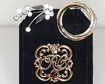 Vintage Set of 3 Brooch Pins Gold Tone R Initial, Silver Tone Round Circle, Rhinestone Floral A-4-30