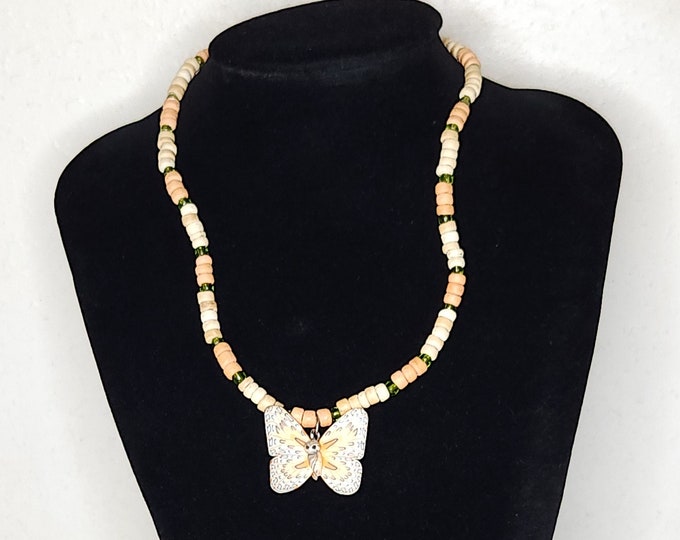 Vintage Peach and Translucent Yellow Beaded Necklace with Butterfly Pendant B-3-89