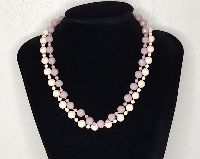 Vintage Two Strand Plastic Beaded Necklace in Light Pink and Light Purple D-1-51